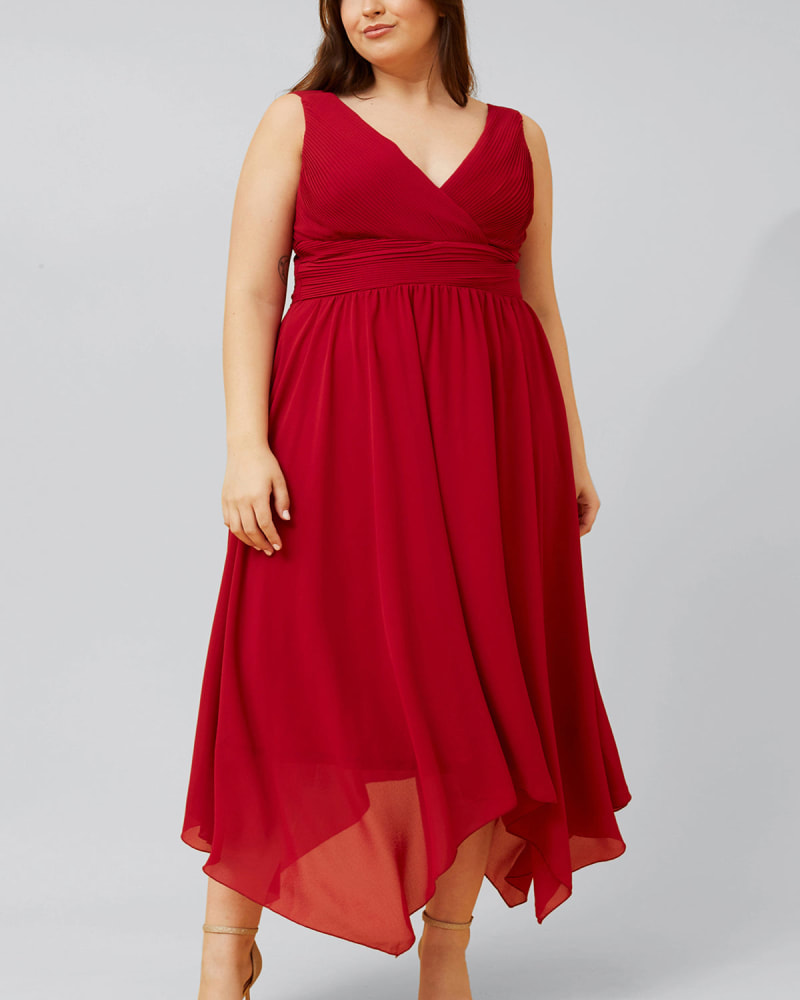 Front of a model wearing a size 1X Scarlett Midi Dress Waisted Handkerchief Hem Red in Red by ANNICK. | dia_product_style_image_id:353203